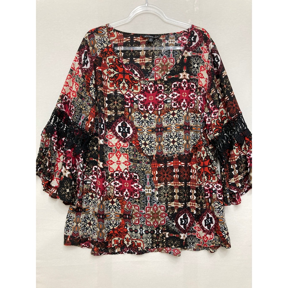 Zac & Rachel Blouse Size 2X Red Black Patchwork Bell Sleeve Boho Festival Relax